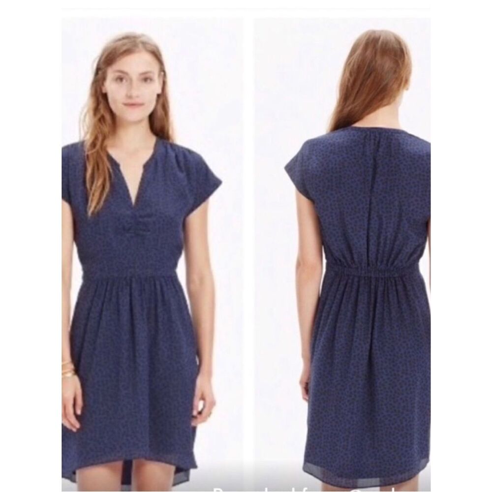 Madewell Navy Leaves Print 100% Silk Smocked Waist Flowy Boho Casual Dress 4